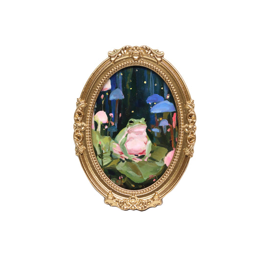 Frog in Mushroom Forest | Original Oil Painting | 5x7” Oval Frame