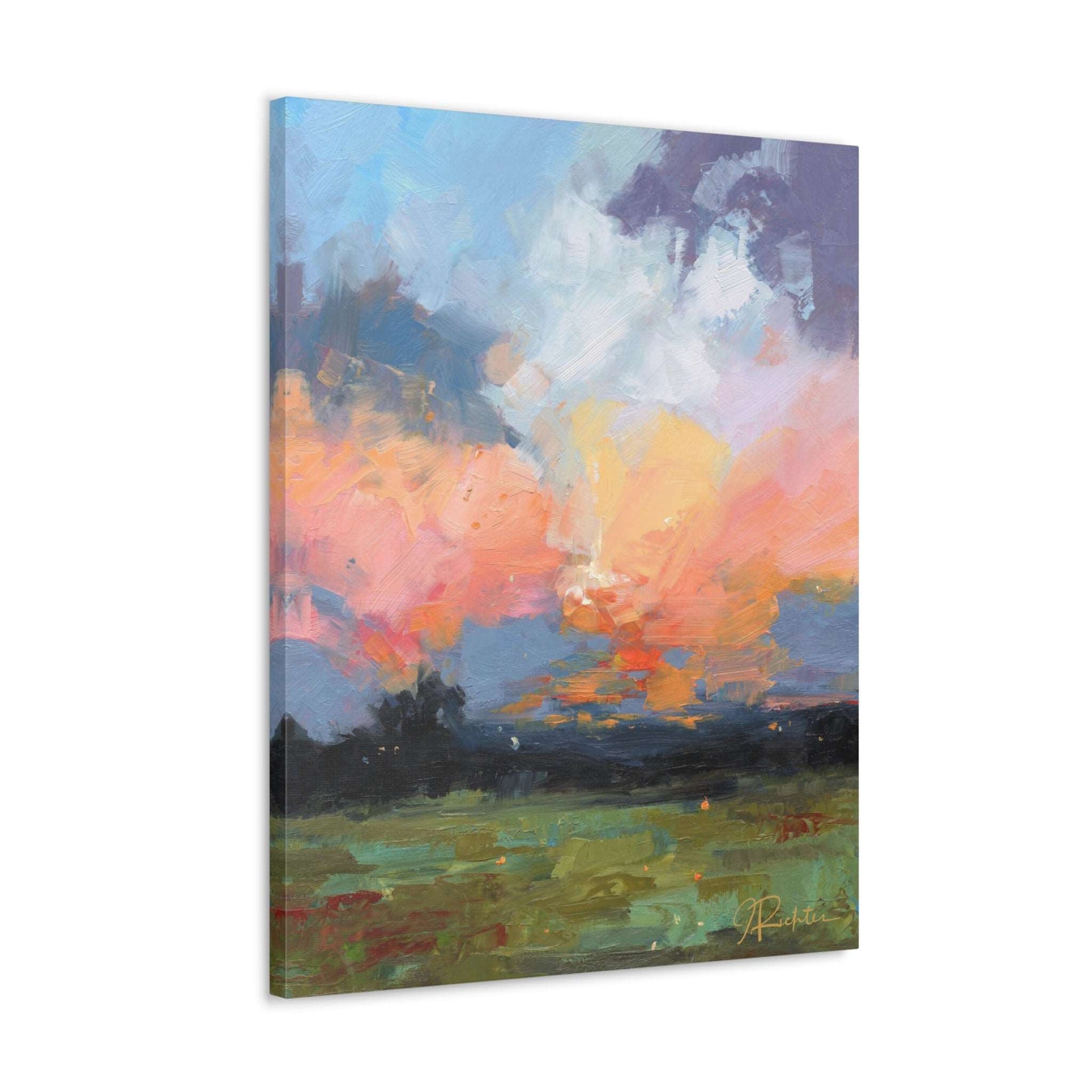 abstract landscape art with blue sky and bright peach clouds with dark trees and grass by Jessica Richter
