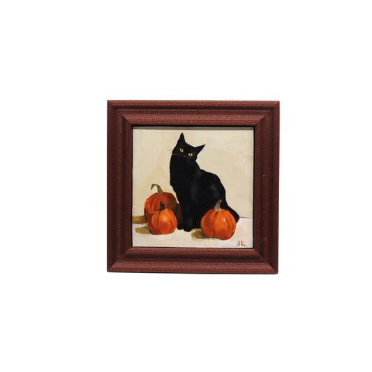 Black Cat and Pumpkins | Miniature Original Oil Painting | 3”x3” Framed Art