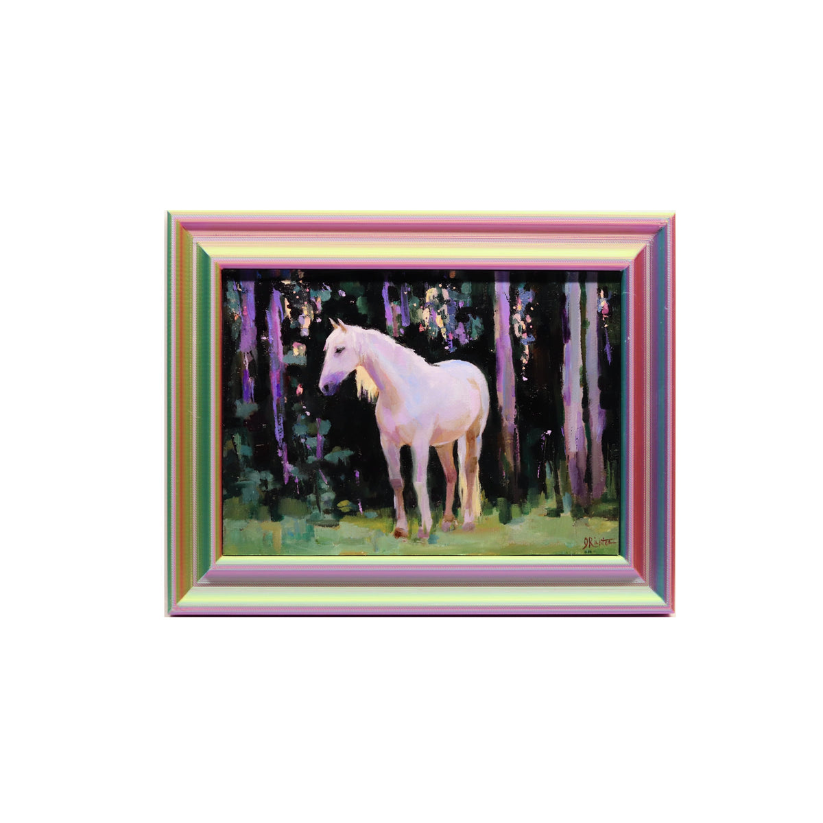 White Horse in Forest| Original Oil Painting | 5"x7" Framed Art