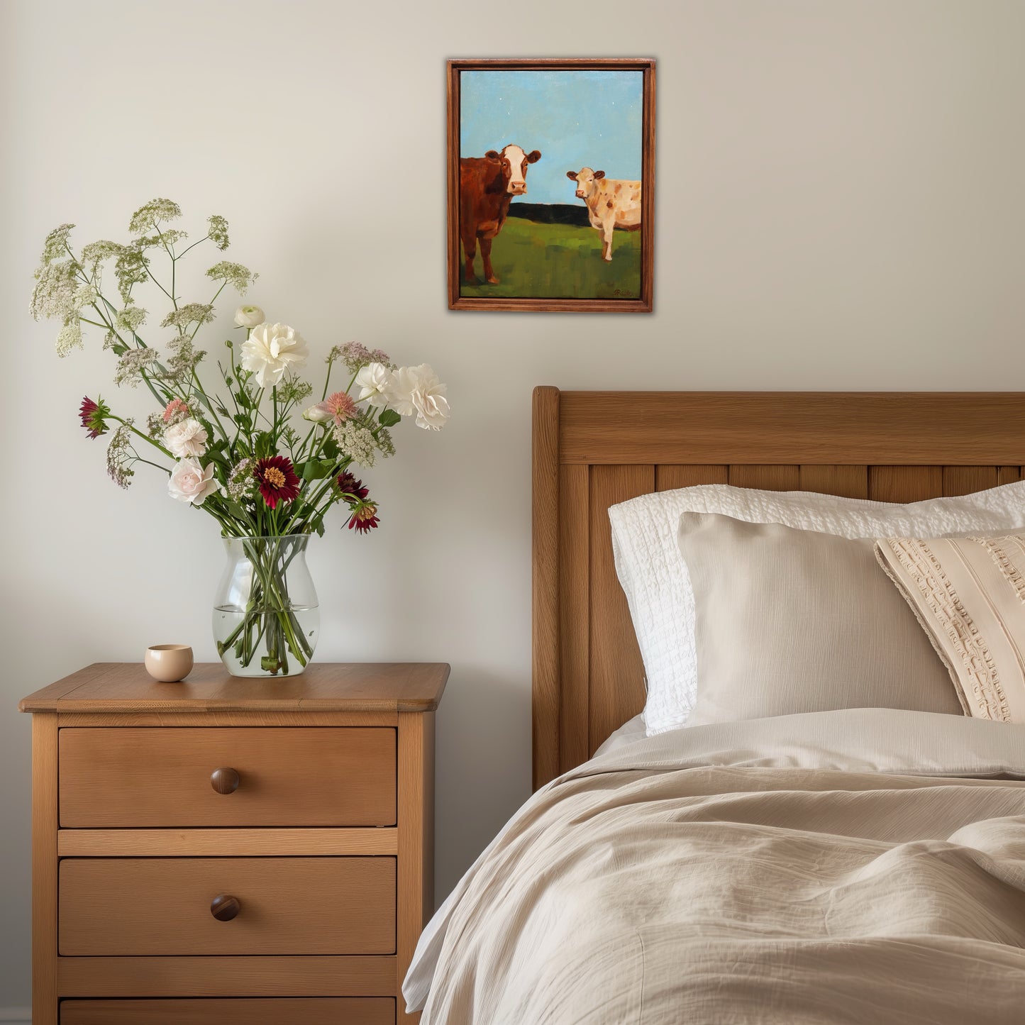 Original Oil Painting | Two Cows and Starry Sky  | Framed 8"x10"