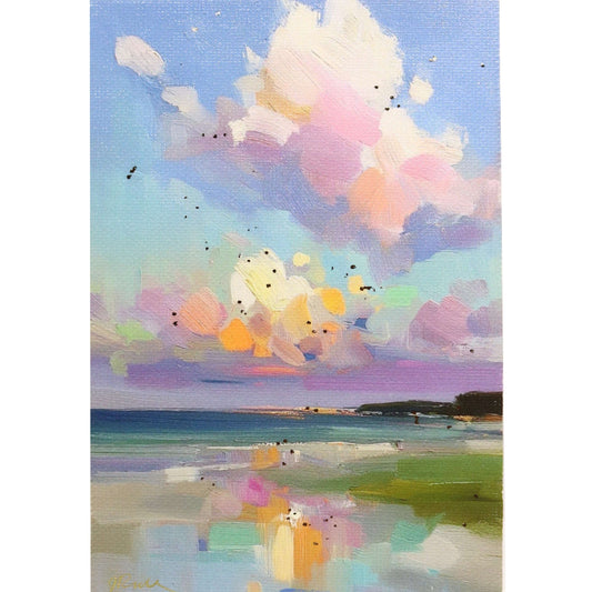 Colorful abstract painting of a beach scene with pastel hues
