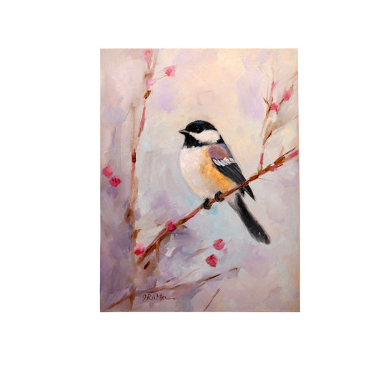 Chickadee on Branch with Berries | Original Oil Painting
