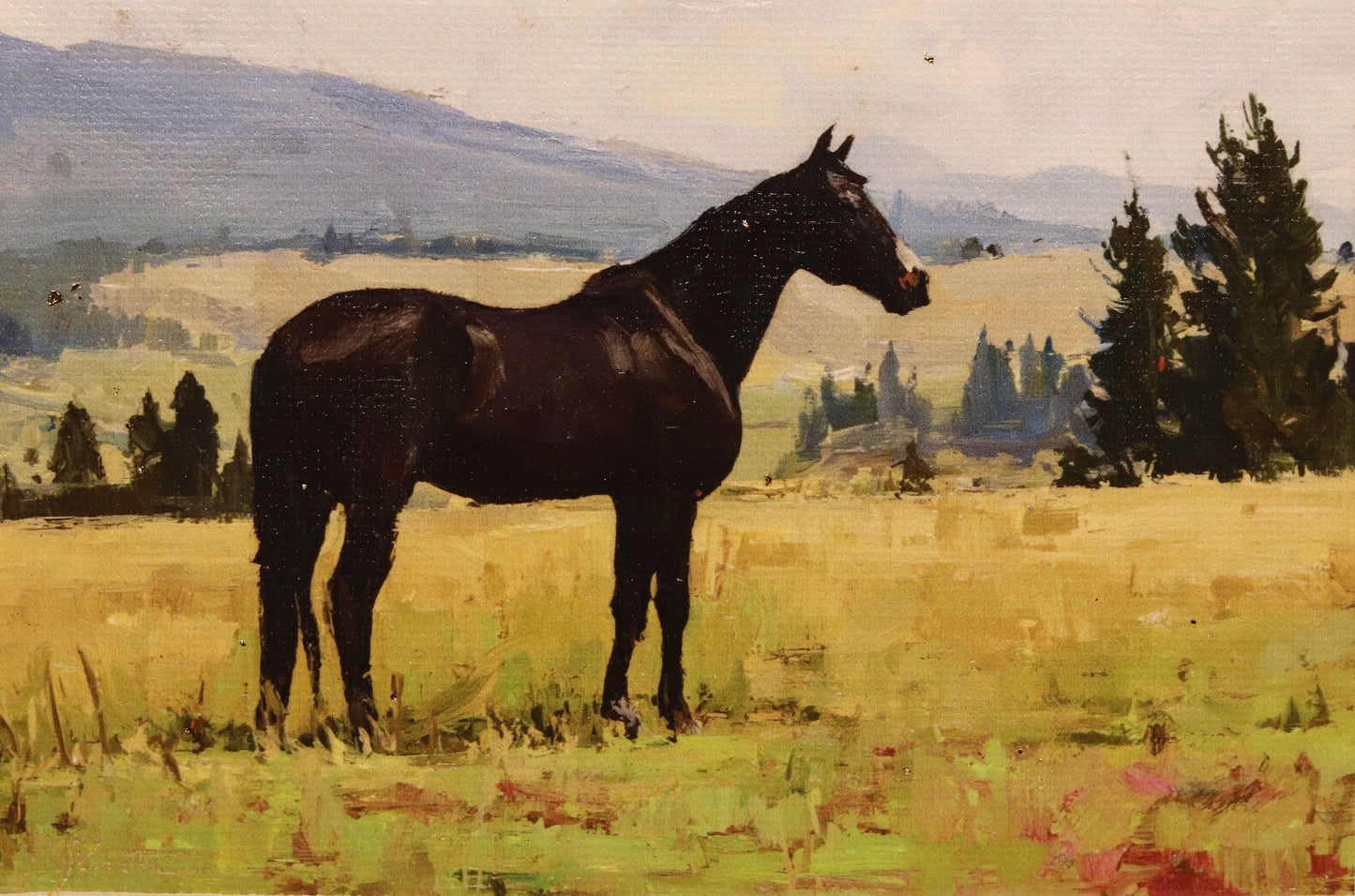 Painting of a horse standing in a field with trees and mountains in the background
