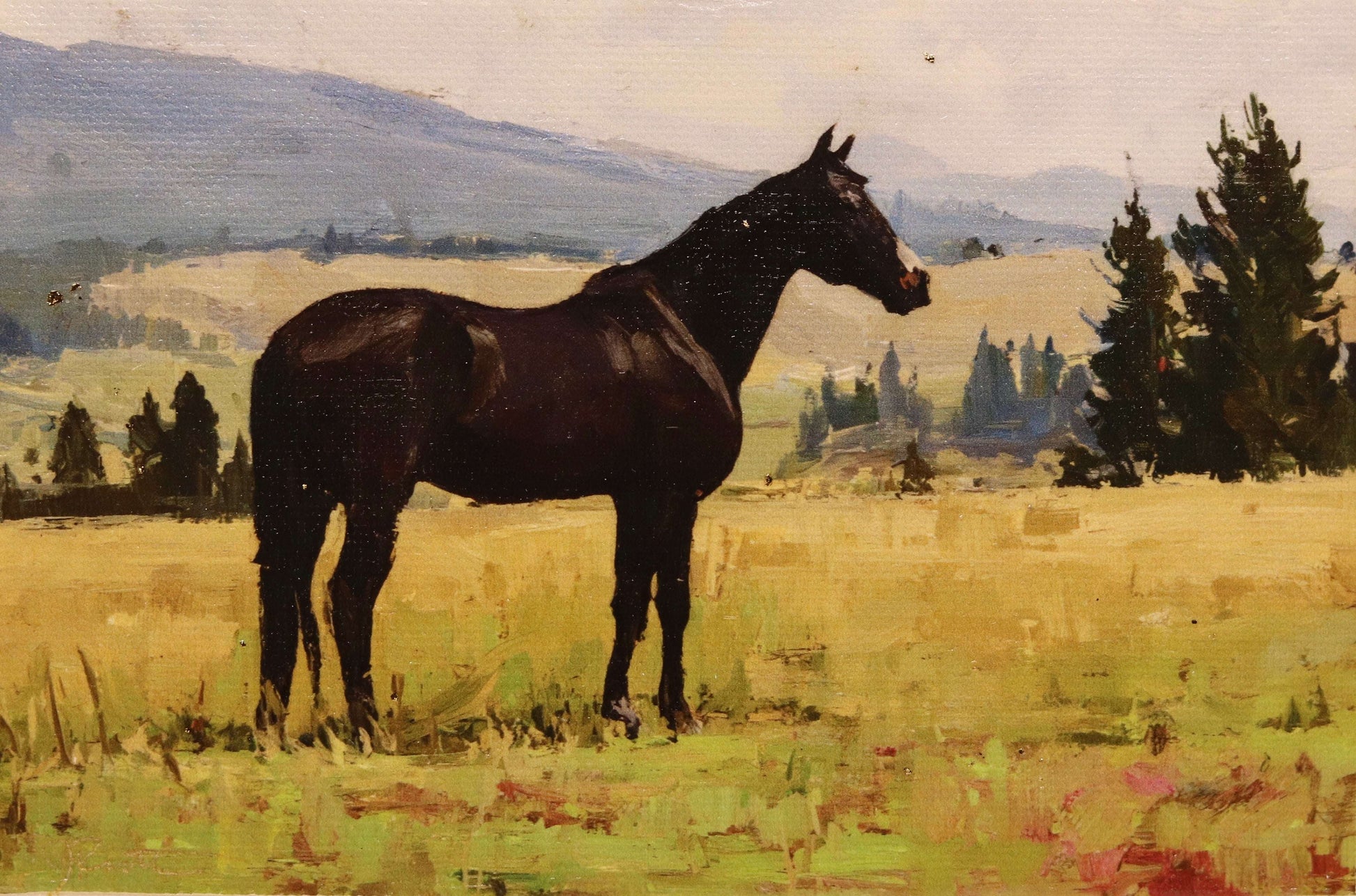 Painting of a horse standing in a field with trees and mountains in the background