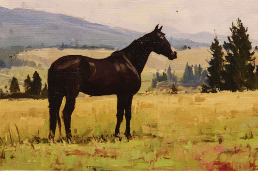 Painting of a horse standing in a field with trees and mountains in the background