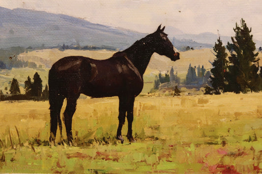 Painting of a horse standing in a field with trees and mountains in the background