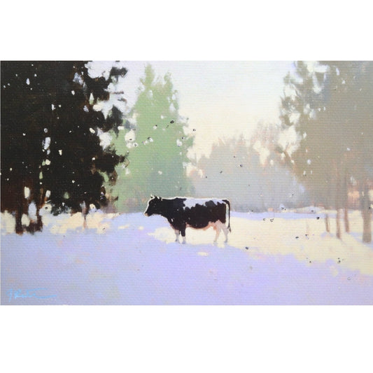 Print on Canvas | Cow in Morning Snow | Hand Detailed Foil  | 4”x6”