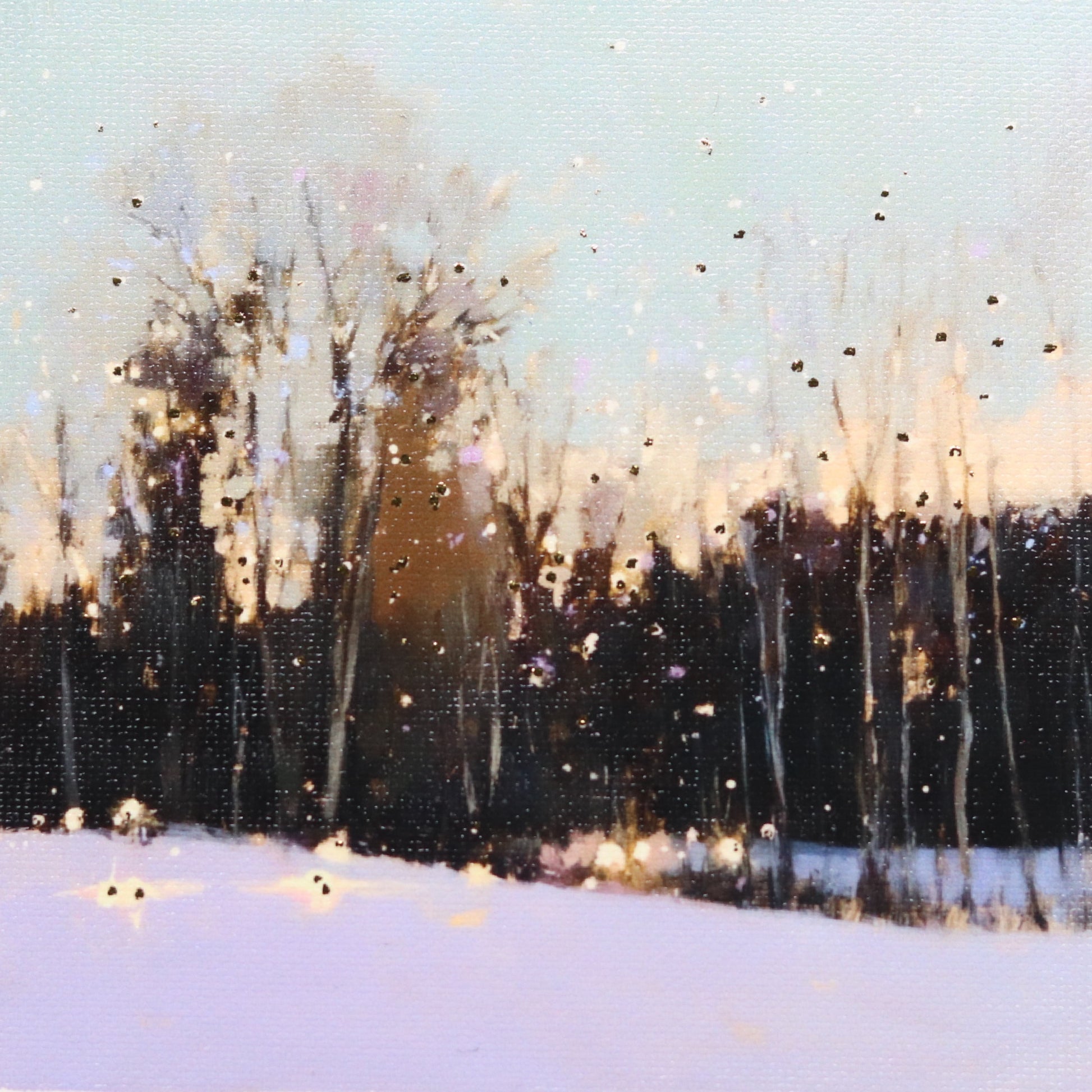 Winter landscape with snow-covered ground and bare trees against a light blue sky.