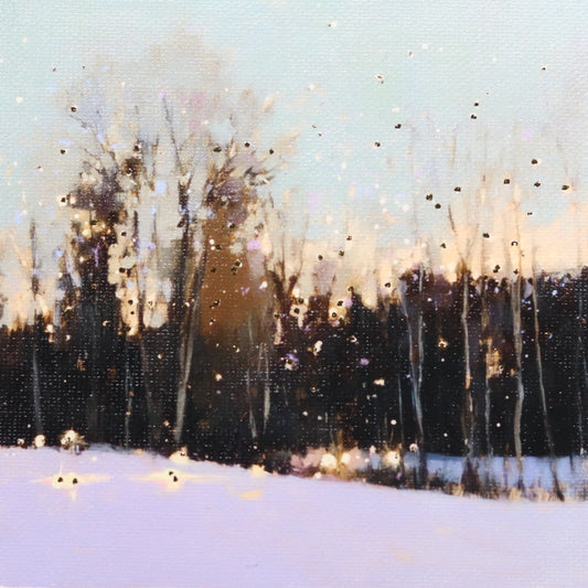 Winter landscape with snow-covered ground and bare trees against a light blue sky.