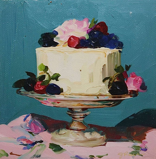 Print on Canvas | Cake with Flowers and Fruit | Hand Detailed Foil  | 5"x5"