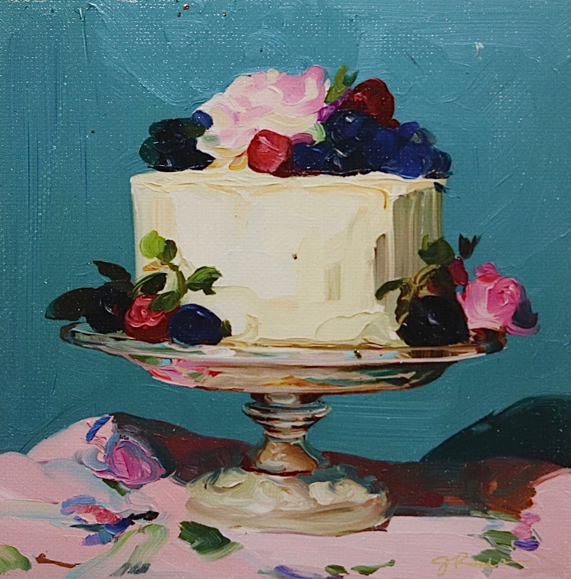 Print on Canvas | Cake with Flowers and Fruit | Hand Detailed Foil  | 5"x5"
