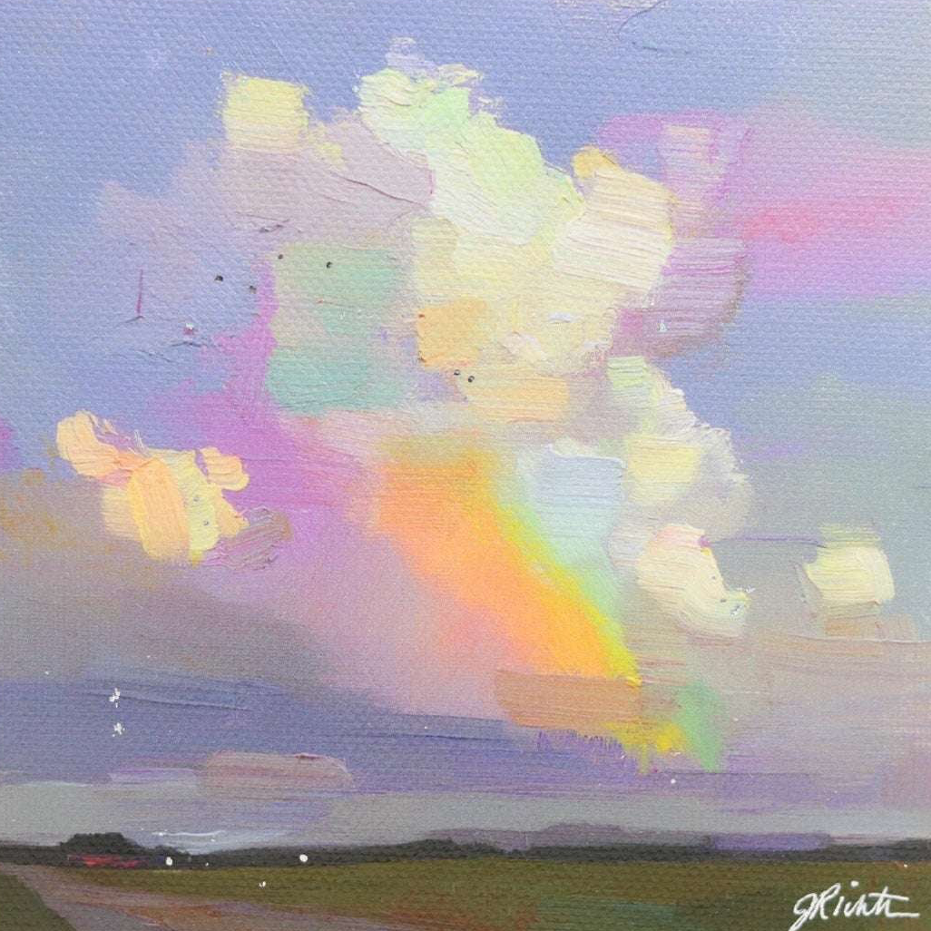 Abstract painting of colorful clouds with a signature in the corner