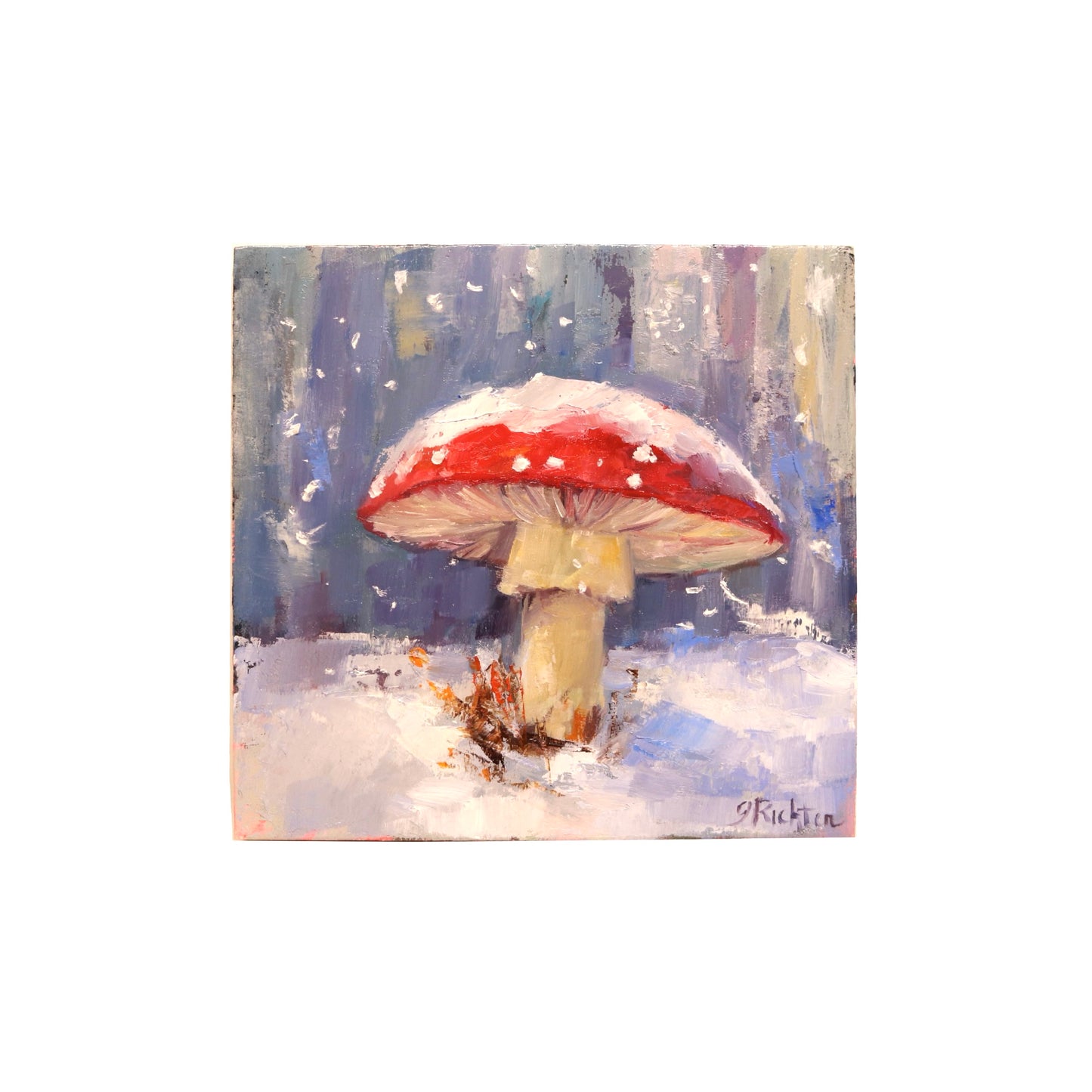 Red mushroom amanita muscaria in snow 4x4 original oil painting 