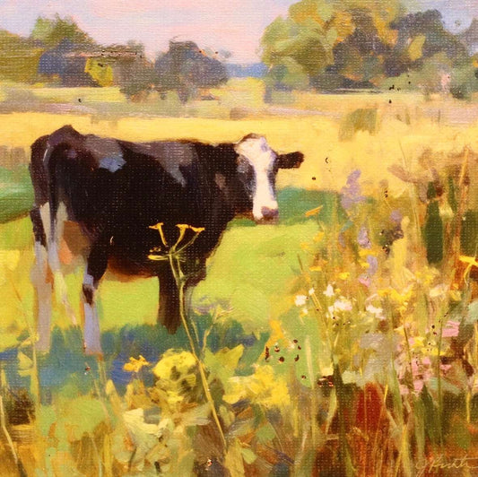 Painting of a cow in a field with flowers and trees