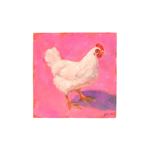 A 5”x5” oil painting on panel depicting a white chicken standing against a vibrant pink background. The chicken is painted in an impressionistic style, with soft brushstrokes capturing the texture of its feathers. Its red comb and wattles contrast sharply with the white plumage, and a subtle purple shadow grounds the figure. The artist’s signature, ‘J. Richter,’ is visible in the lower right corner.