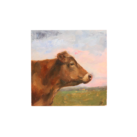 Brown Cow Portrait 22 | Original Mini Oil Painting | 4”x4”