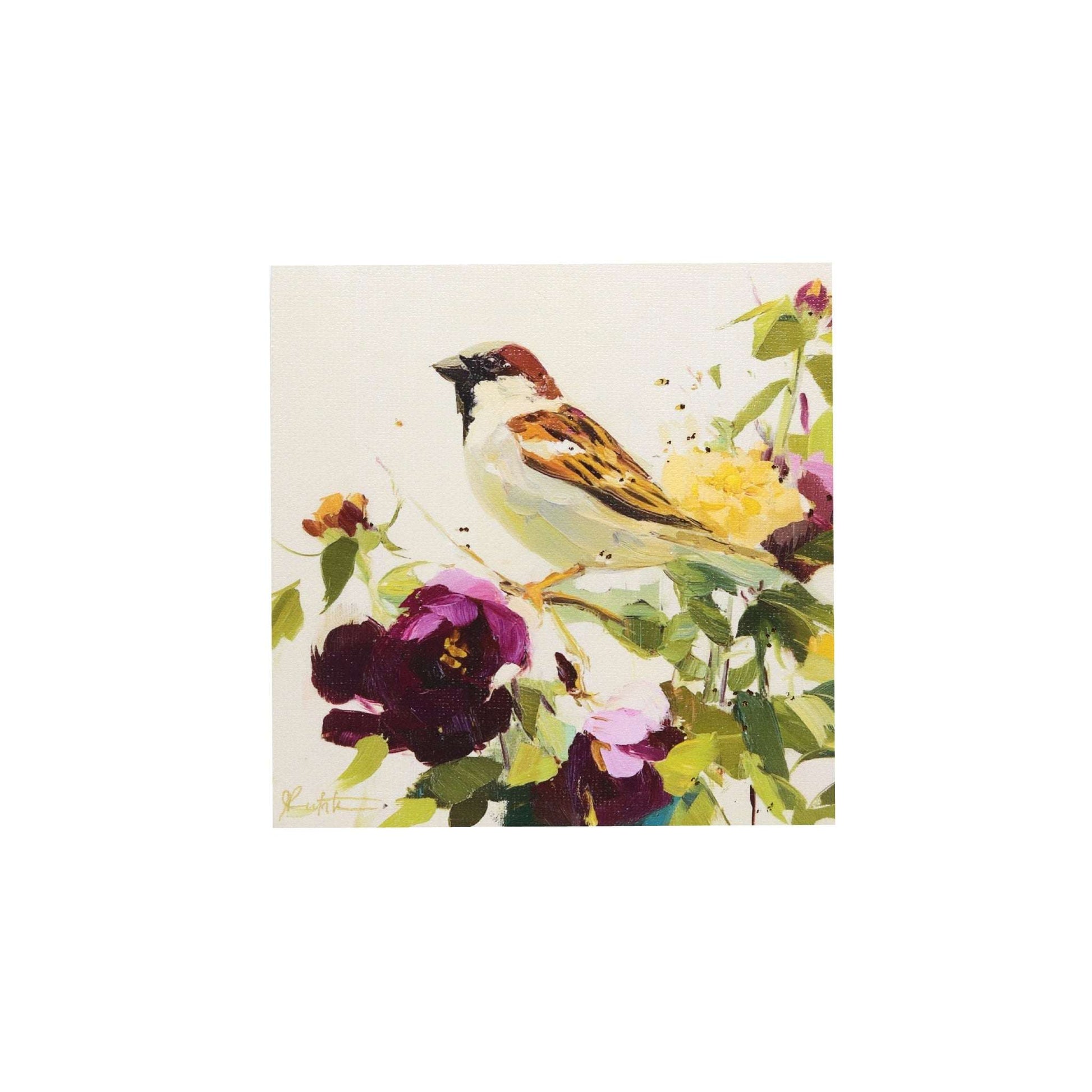 Print on Canvas | Sparrow and Flowers | Hand Detailed Foil  | 5"x5"
