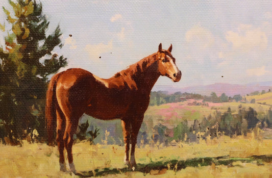 Painting of a brown horse standing in a field with trees and hills in the background