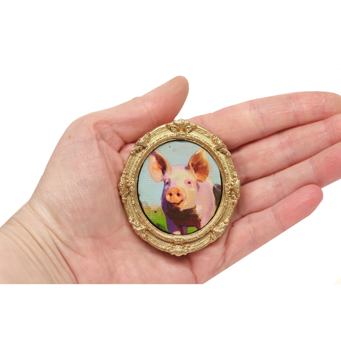 Mini Framed Canvas Art Print- Farm Pig 5 -Dollhouse Miniature Art or Magnet