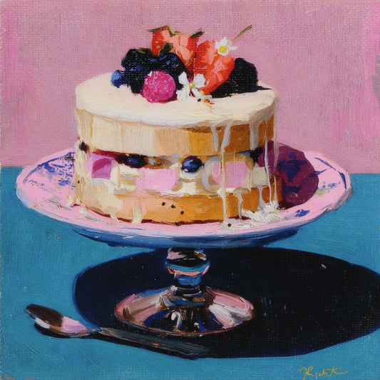 Print on Canvas | White Cake with Icing and Berries| Hand Detailed Foil  | 5"x5"