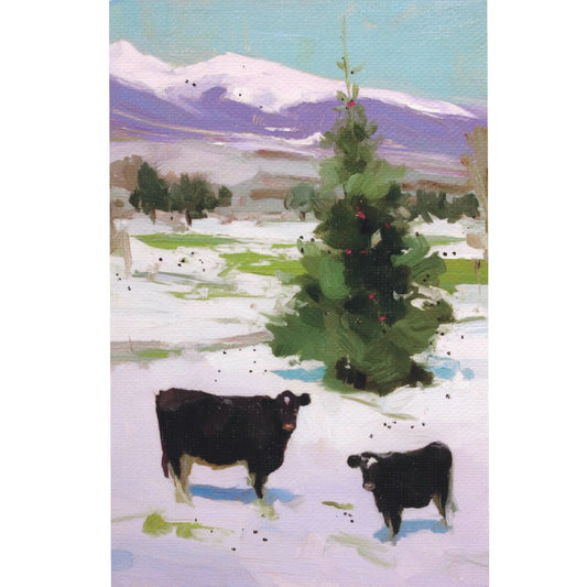 Print on Canvas | Black Cows and Christmas Tree | Hand Detailed Foil  | 4”x6”