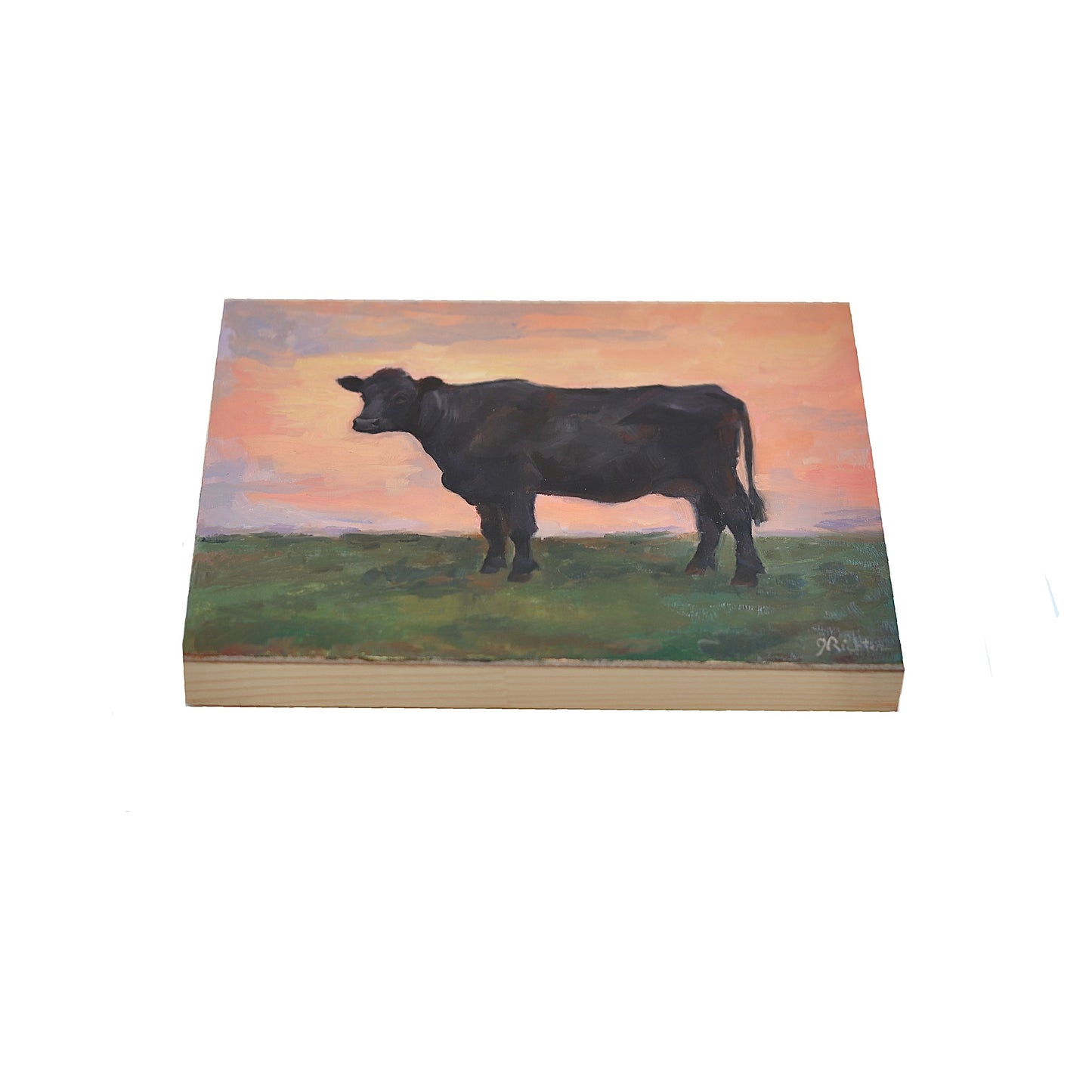 Black Angus Cow in Pasture 14 | Original Oil Painting | 6”x8”