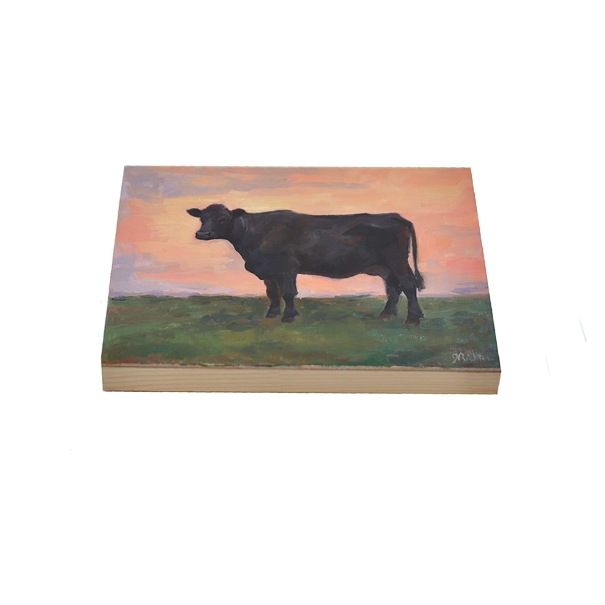 Black Angus Cow in Pasture 14 | Original Oil Painting | 6”x8”