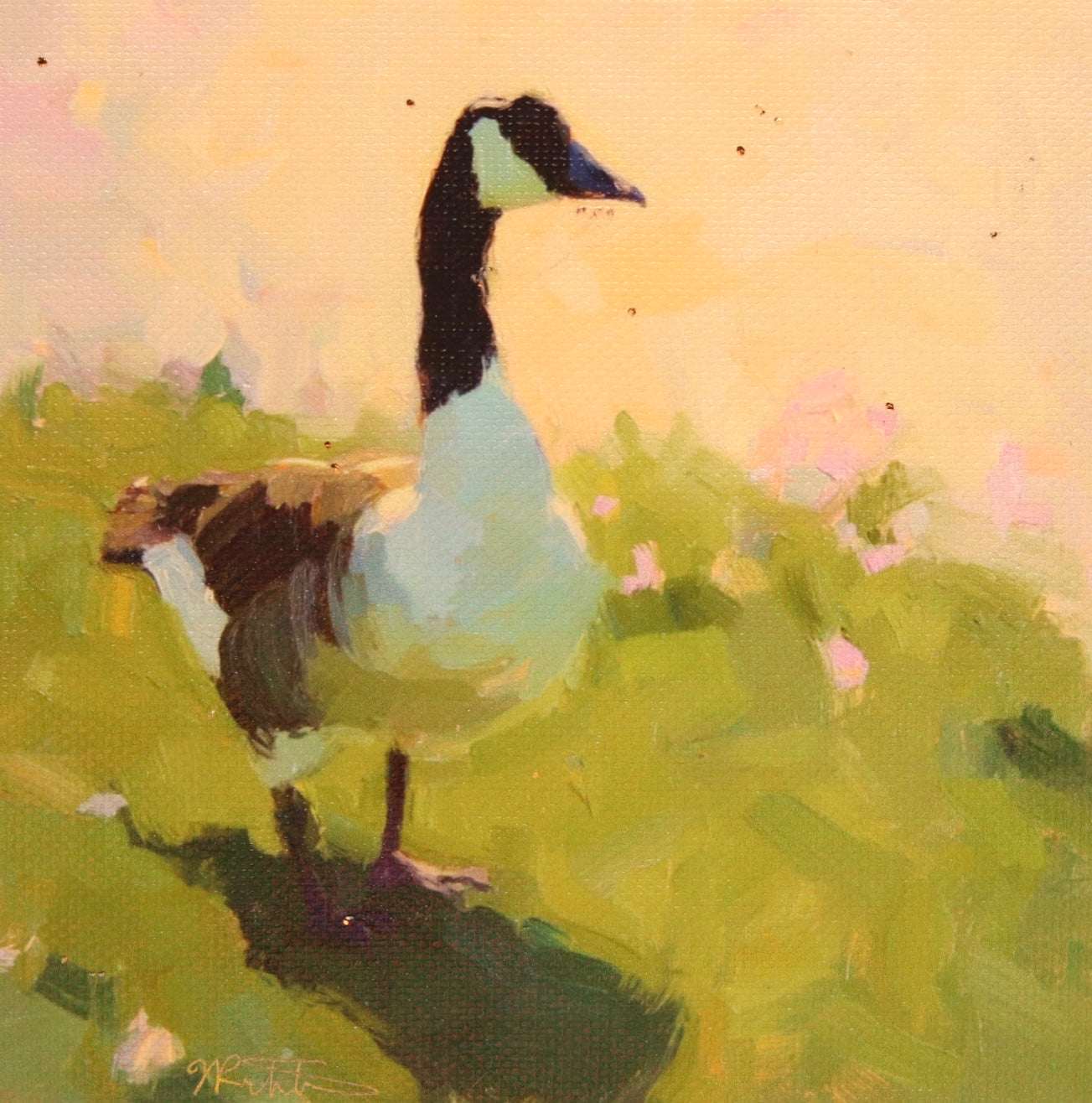 Painting of a goose standing on grass with a soft, pastel background