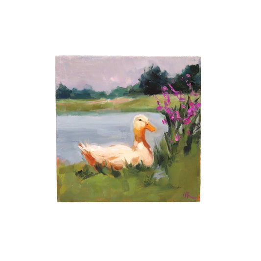 White duck by pond painting by Jessica Richter
