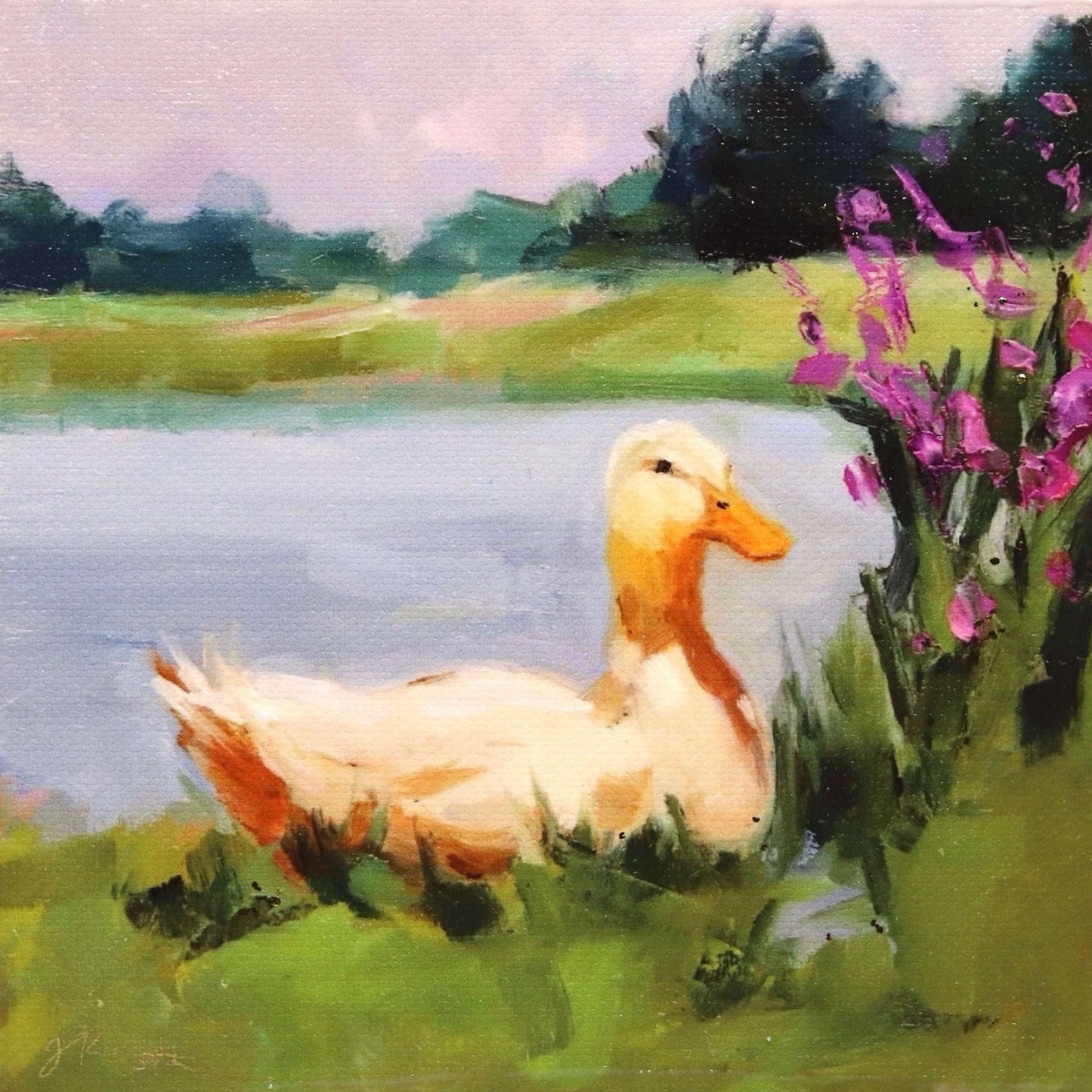 Painting of a duck by a lake with flowers