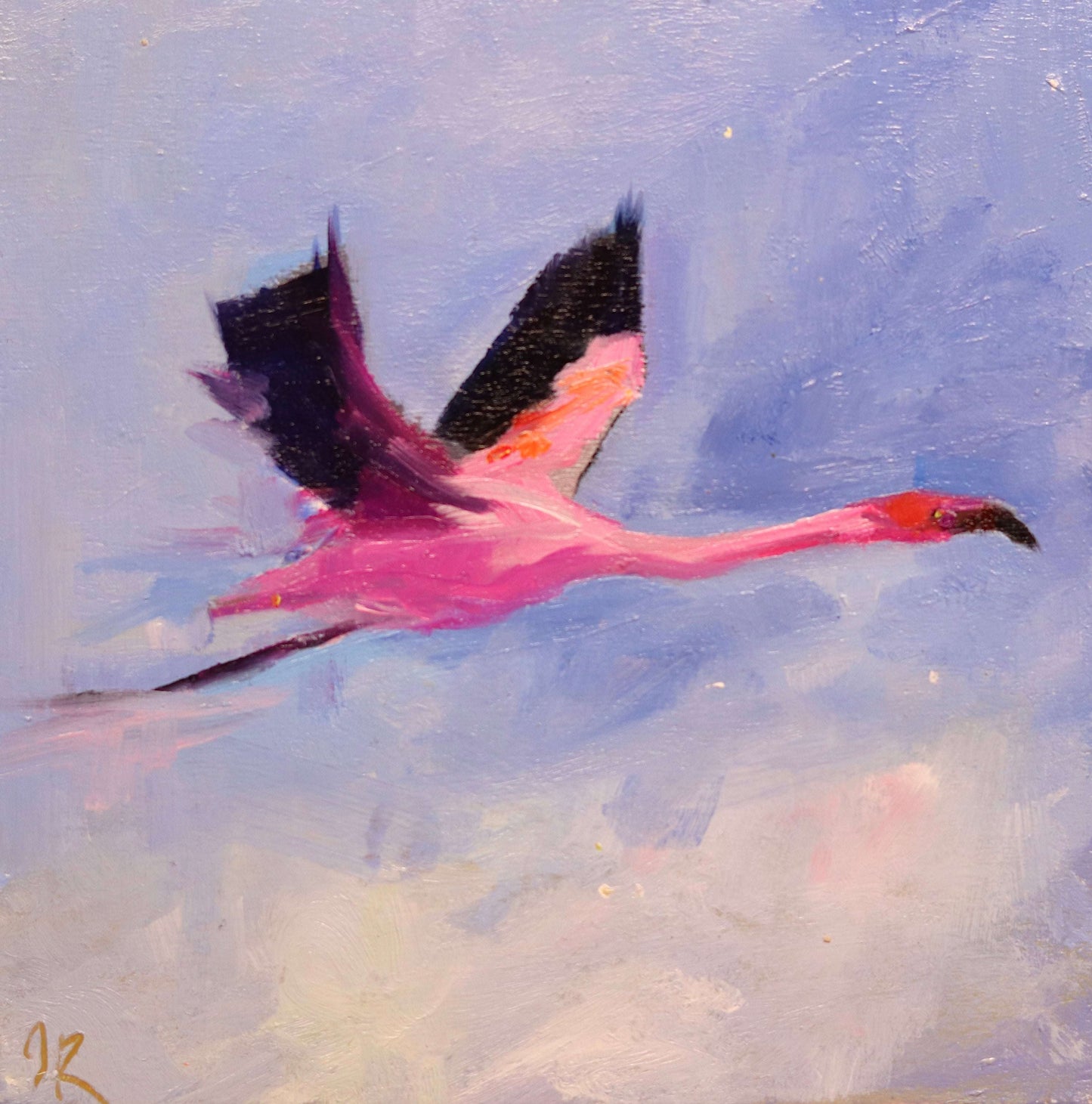 Flamingo in Flight 4 | Original Oil Painting | 4”x4”