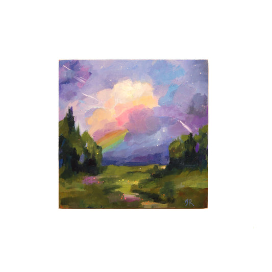 Oil painting with green trees, clouds and rainbow by Jessica Richter Art