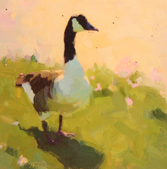 Painting of a goose standing on grass with a soft, pastel background