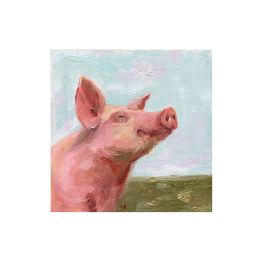 Happy Pig Mini Portrait | Original Oil Painting | 4”x4”