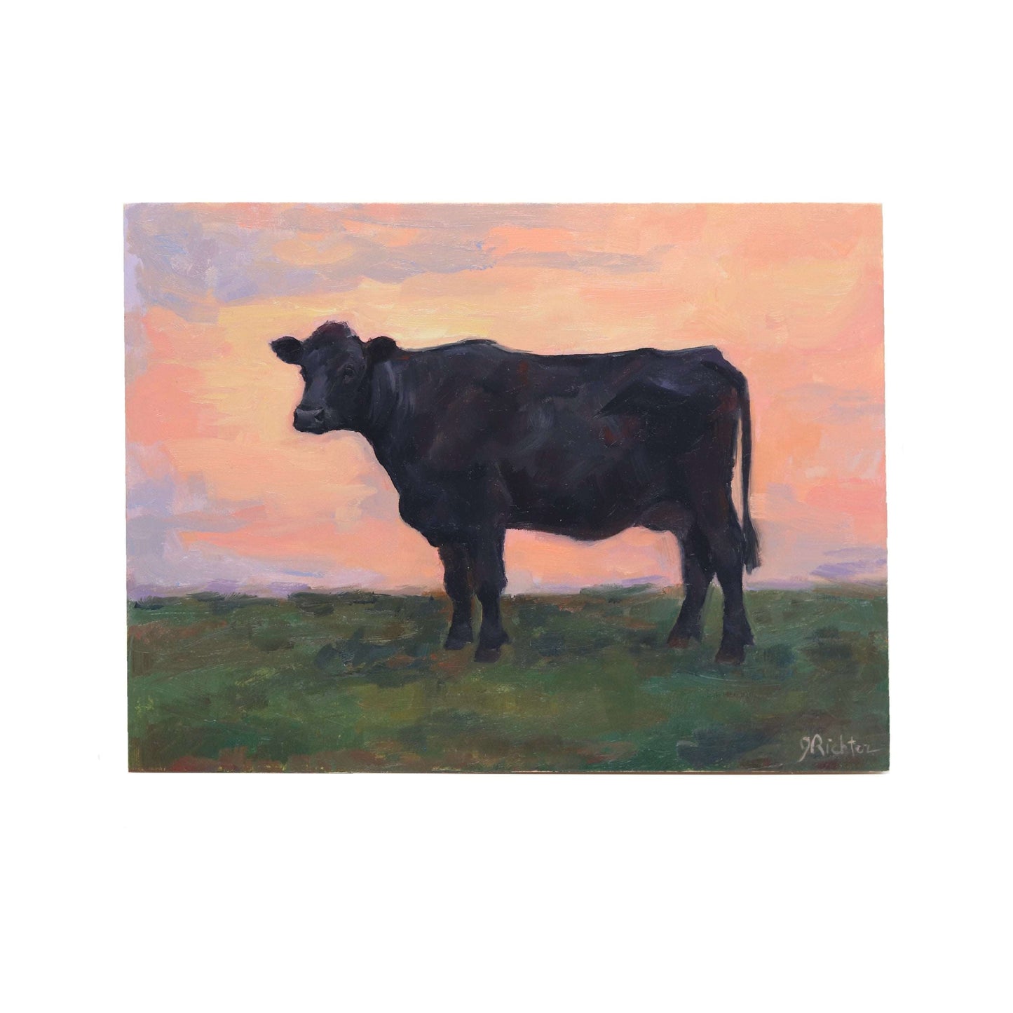 Black Angus Cow in Pasture 14 | Original Oil Painting | 6”x8”