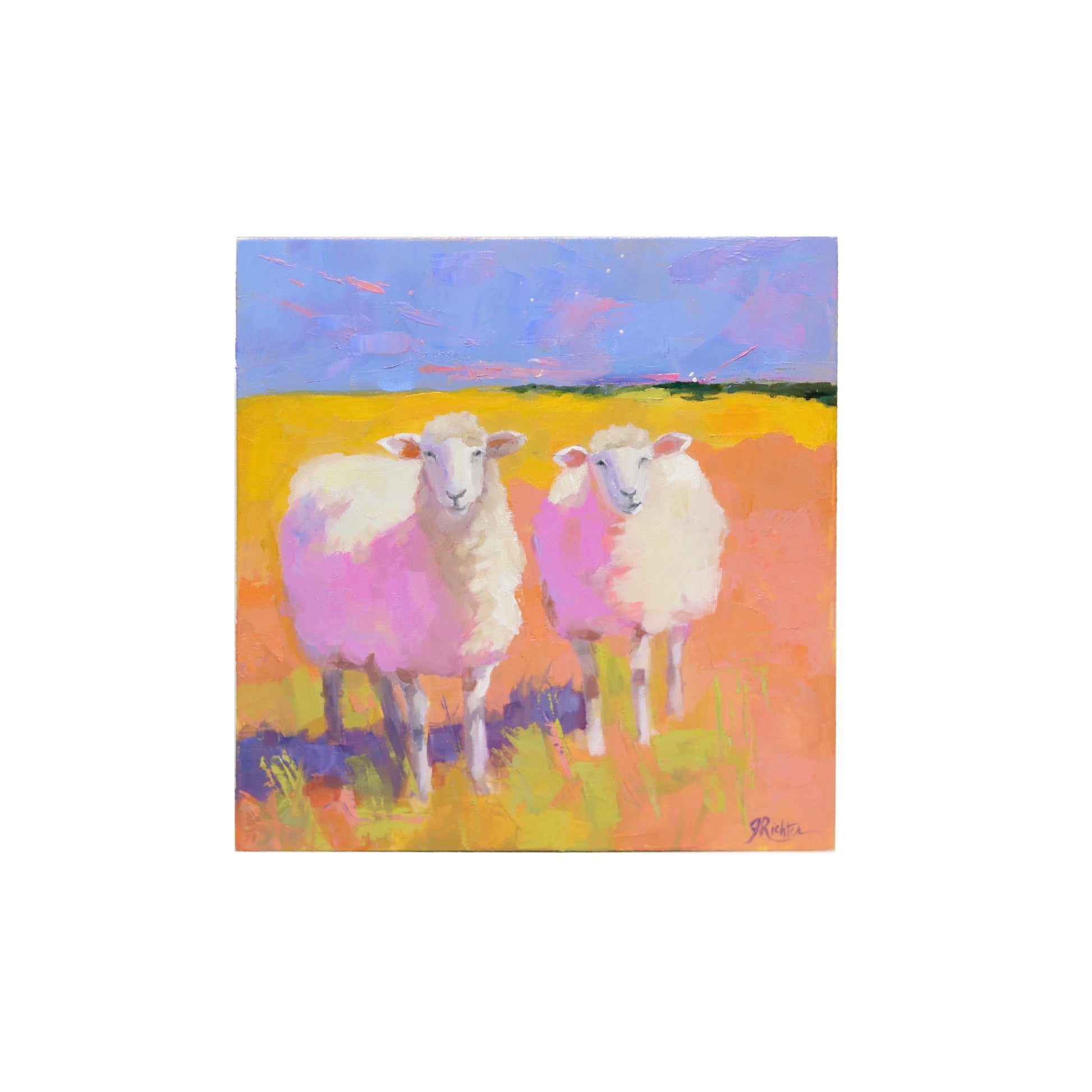 Oil painting on canvas by Jessica Richter, featuring two sheep standing in a sunlit field. Their woolly coats are illuminated with soft pink and purple hues, reflecting the warm light. The golden grass contrasts with the cool blue sky.