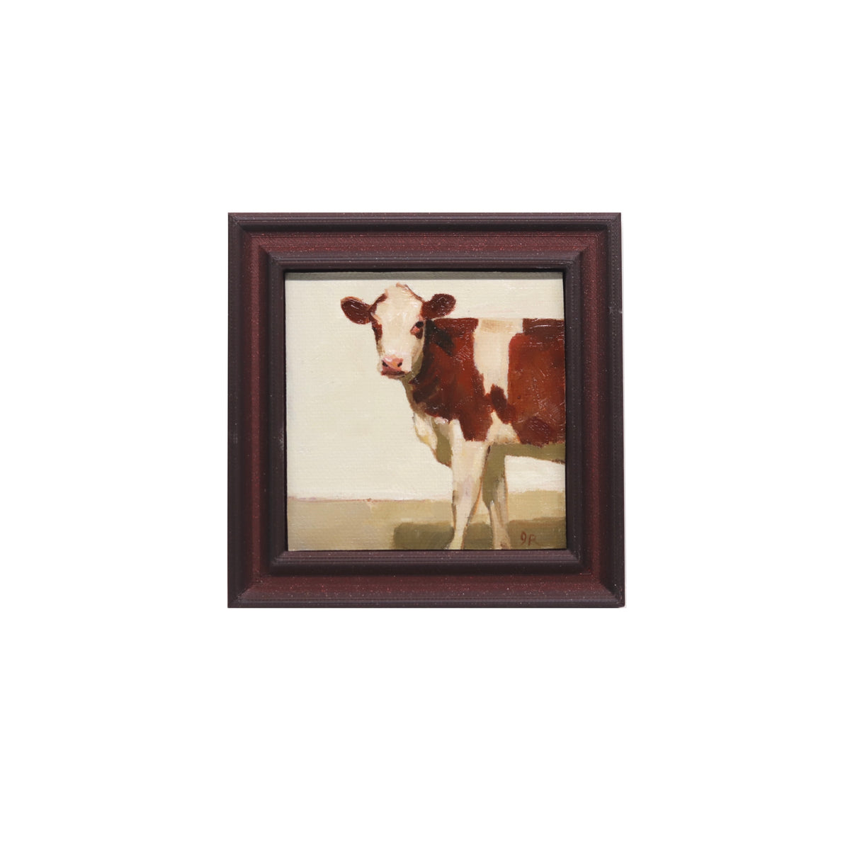 Brown and White Cow 33 | Miniature Original Oil Painting | 3”x3” Framed Art