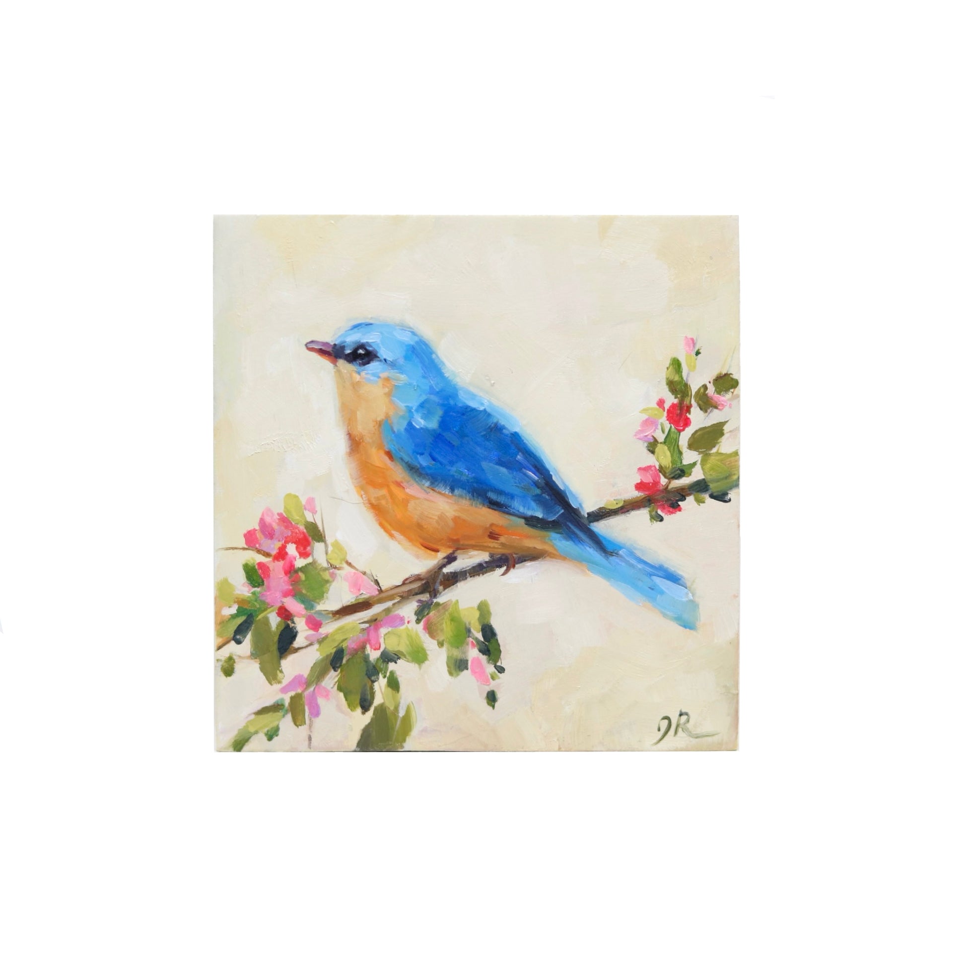 Oil painting on a 4x4” canvas by Jessica Richter, featuring a vibrant Eastern Bluebird perched on a delicate flowering branch. The bird’s bright blue wings contrast with its warm orange chest, and soft brushstrokes capture its graceful form. The background is a light, neutral tone, allowing the pink blossoms and green leaves to stand out. The artist’s initials “JR” are signed in the bottom right corner.