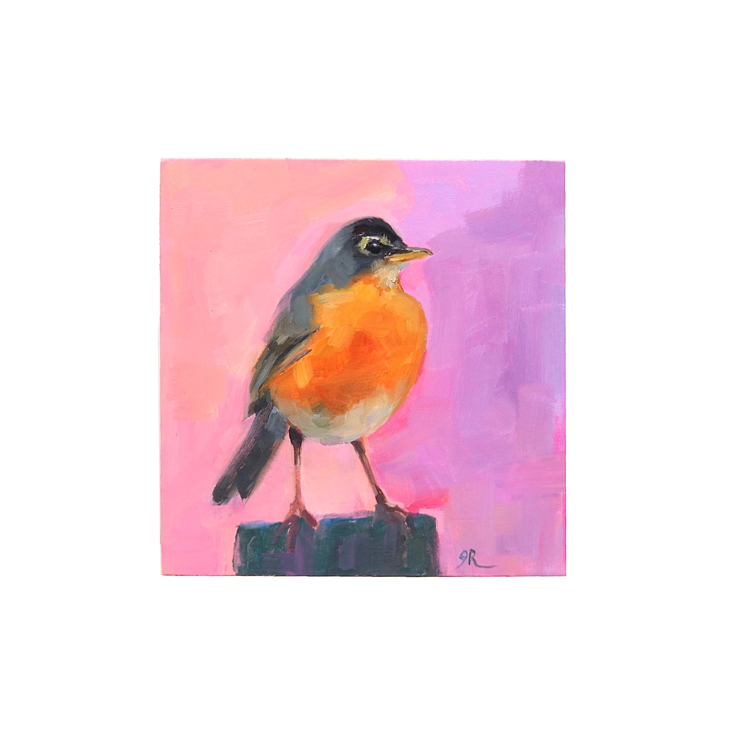 Oil painting on a 4x4” panel  by Jessica Richter, depicting a vibrant American robin perched on a dark post. The bird has a bright orange chest, grayish-black wings, and a sharp beak, with expressive brushstrokes adding texture. The background features a soft blend of pink and purple hues, creating a warm, dreamy atmosphere. The artist’s initials “JR” are subtly signed in the bottom right corner.