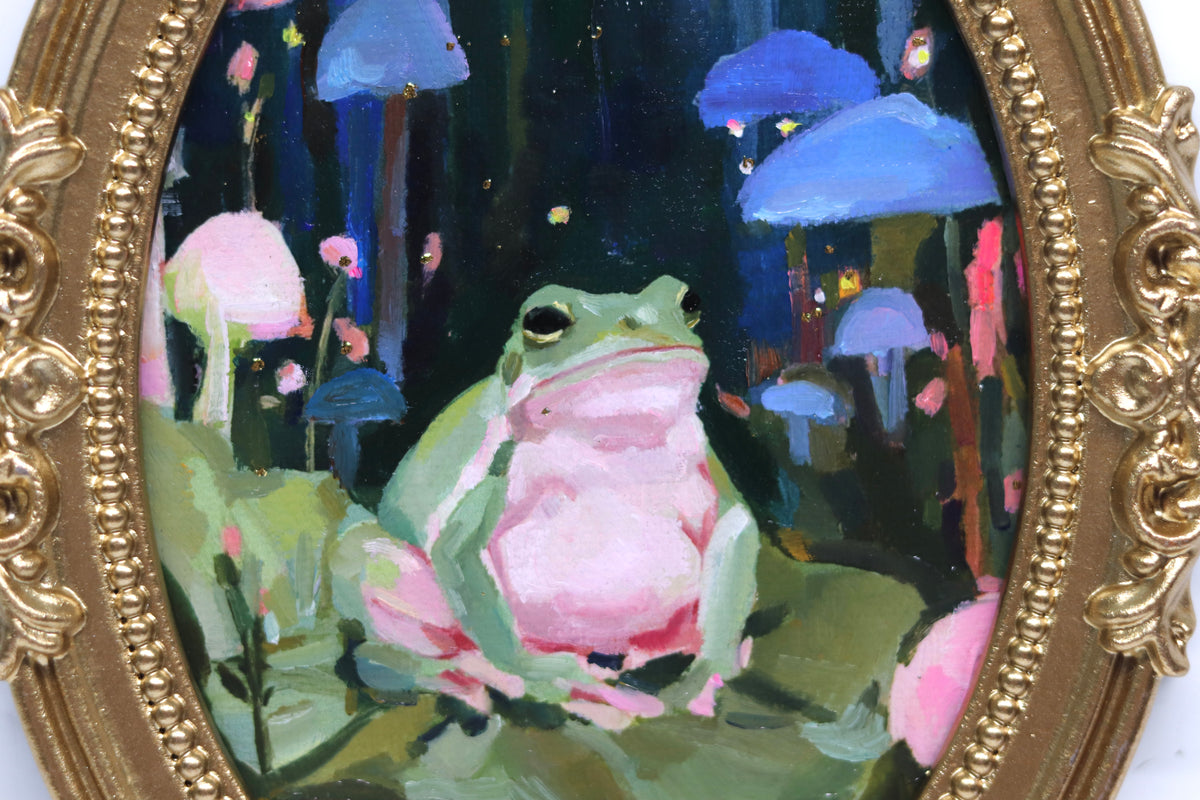 Frog in Mushroom Forest | Original Oil Painting | 5x7” Oval Frame
