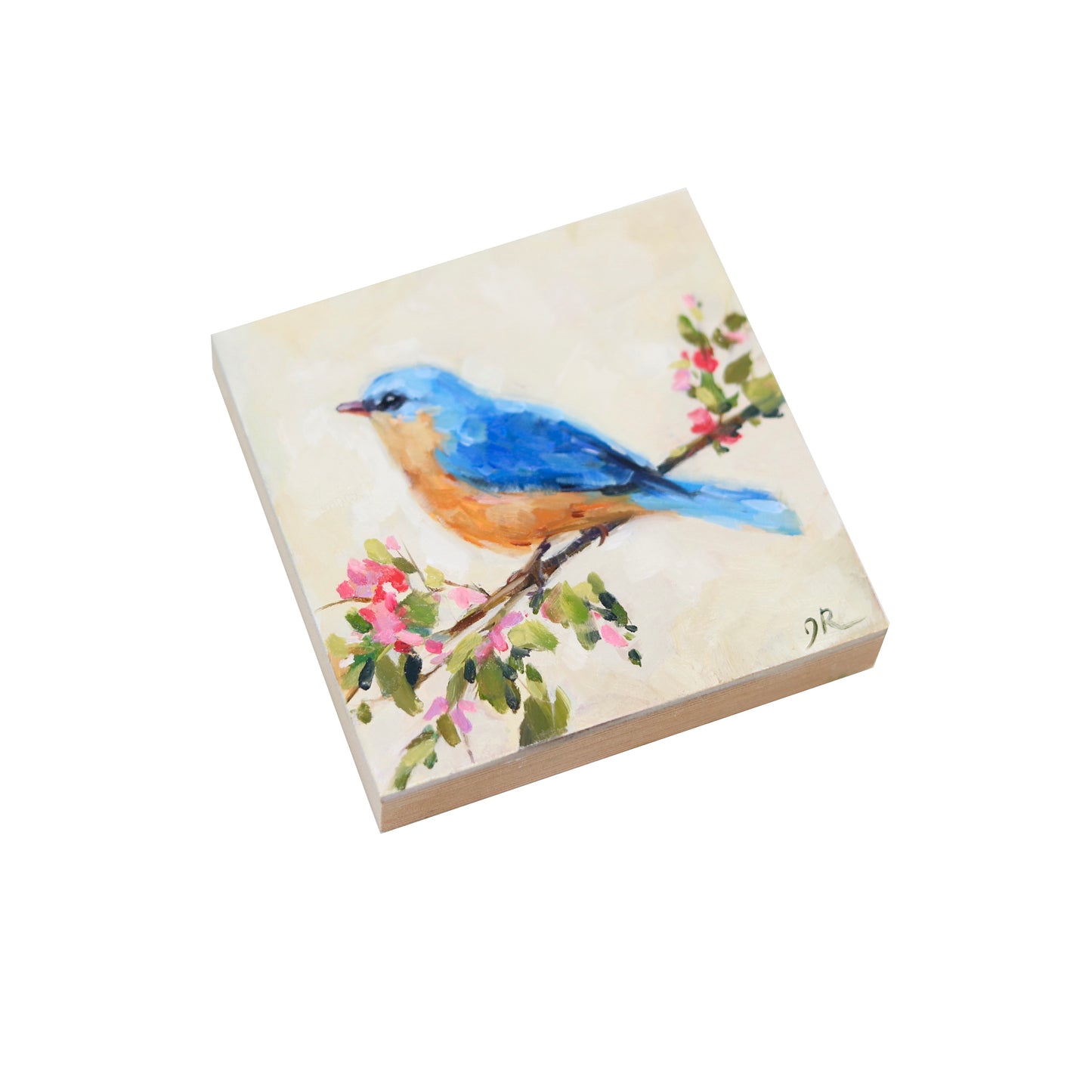 Oil painting on a 4x4” canvas by Jessica Richter, featuring a vibrant Eastern Bluebird perched on a delicate flowering branch.