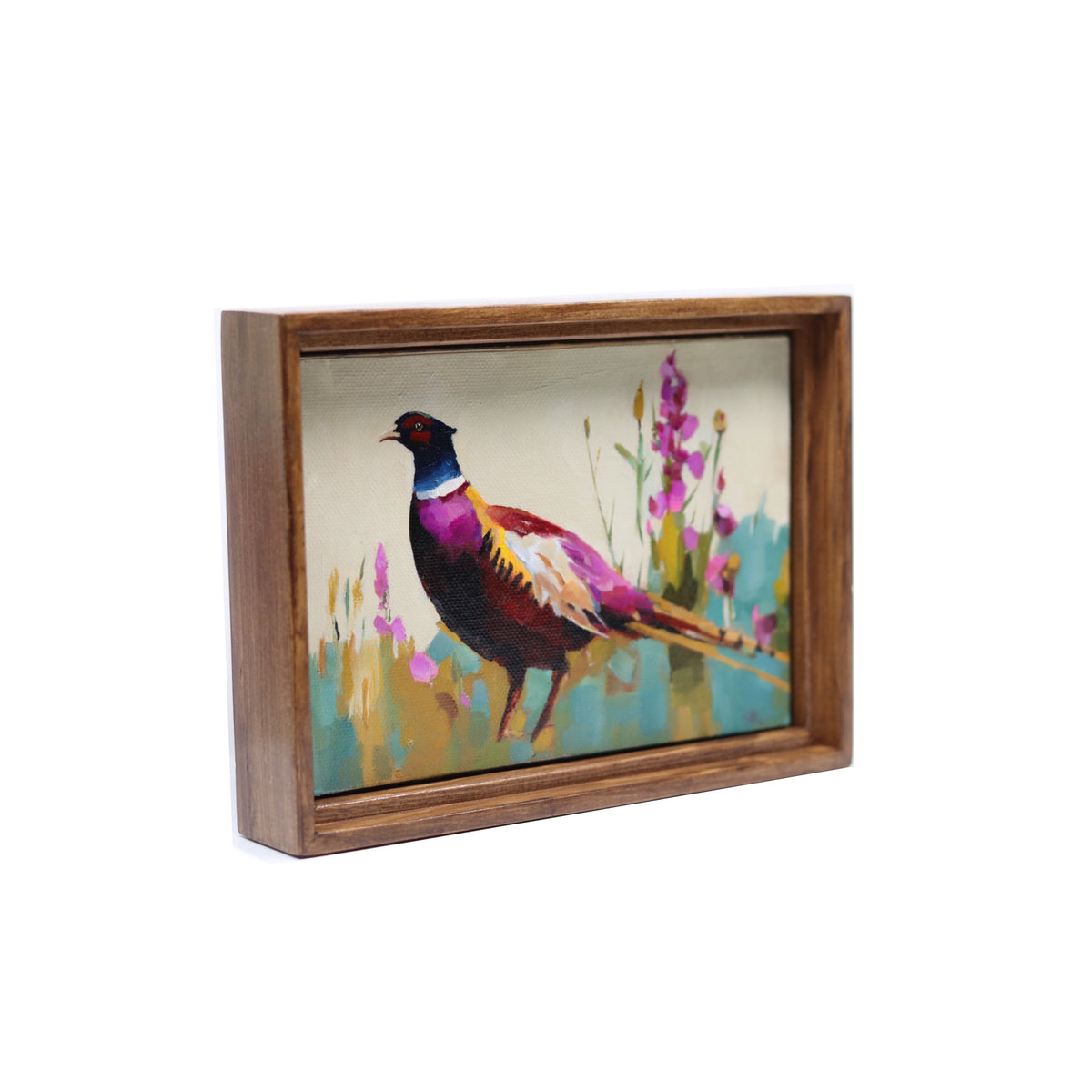 Original Oil Painting | Pheasant in Wildflowers | Framed 5”x7”
