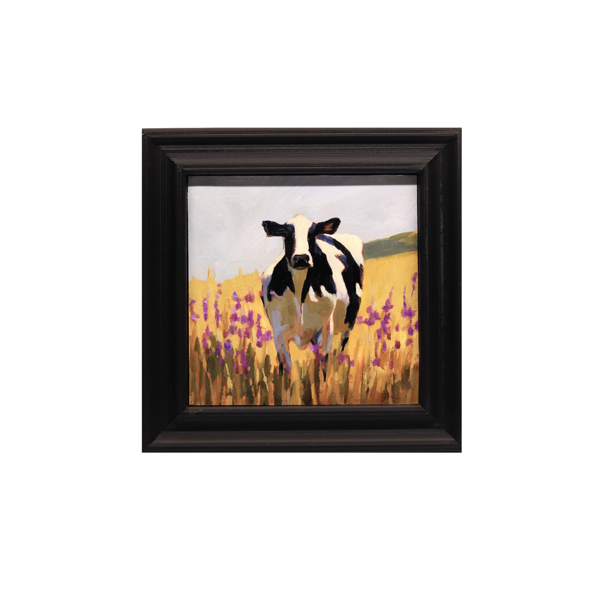 Cow in Field with Purple Flowers 32 | Original Oil Painting | | 5”x5” Framed Art