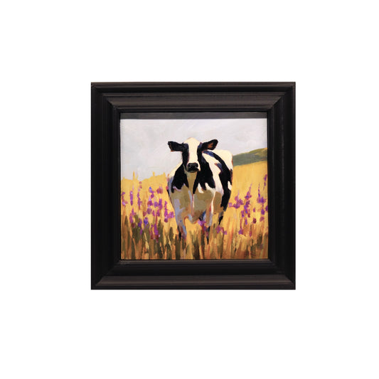 Cow in Field with Purple Flowers 32 | Original Oil Painting | | 5”x5” Framed Art