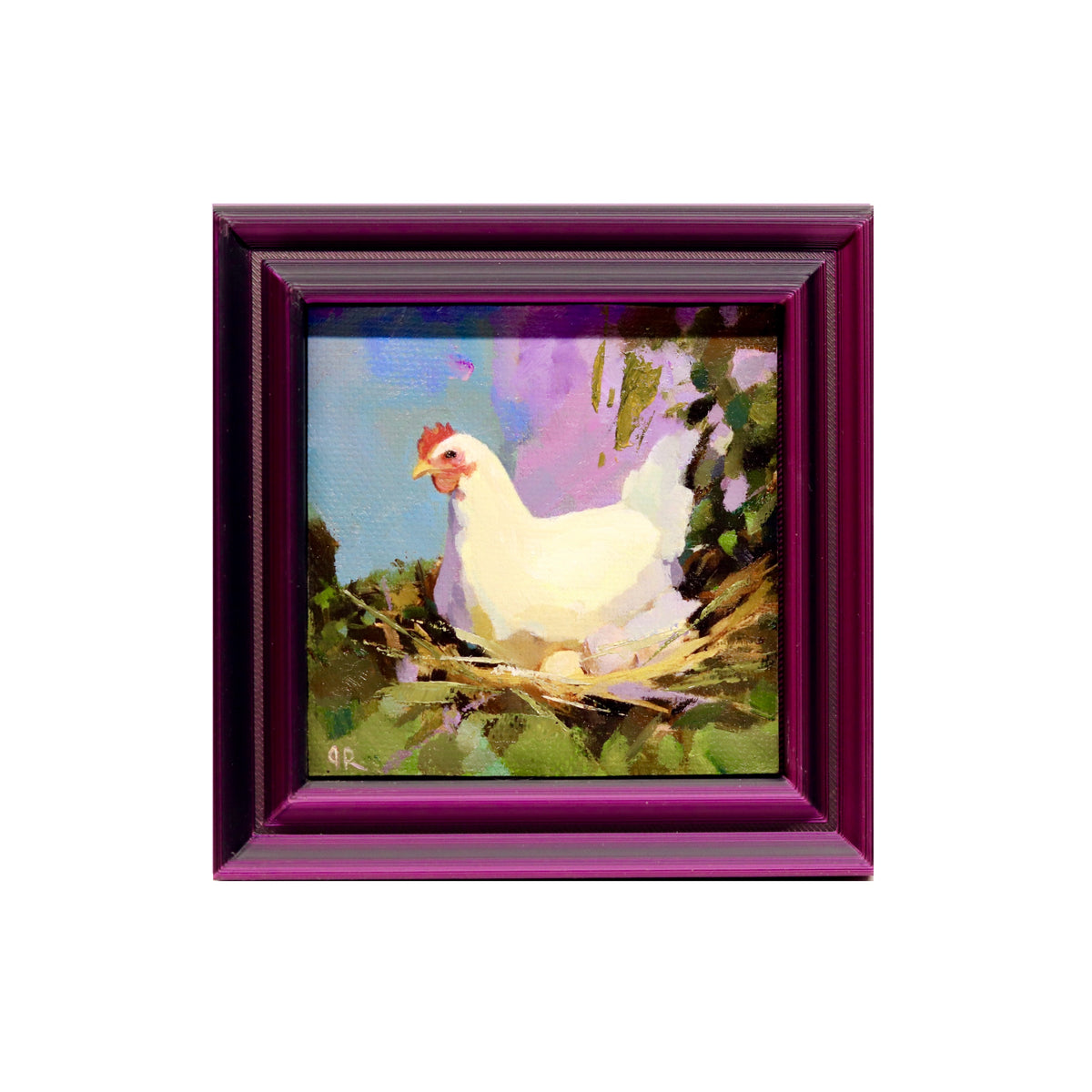 White Hen 10| Miniature Oil Painting | 3”x3” Framed