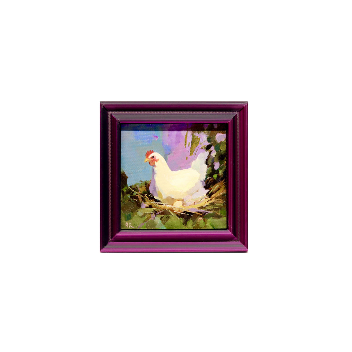 White Hen 10| Miniature Oil Painting | 3”x3” Framed