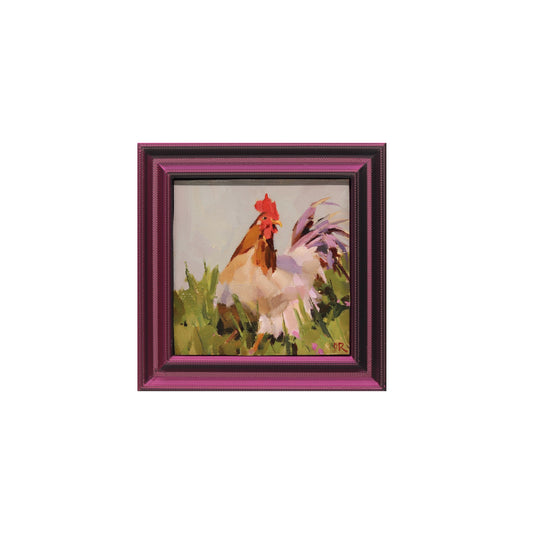 Rooster in Grass 12 | Miniature Oil Painting | 3”x3” Framed