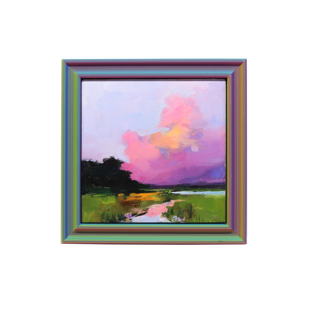 Pink Cloud Landscape  | Original Oil Painting | 5x5” Framed Art
