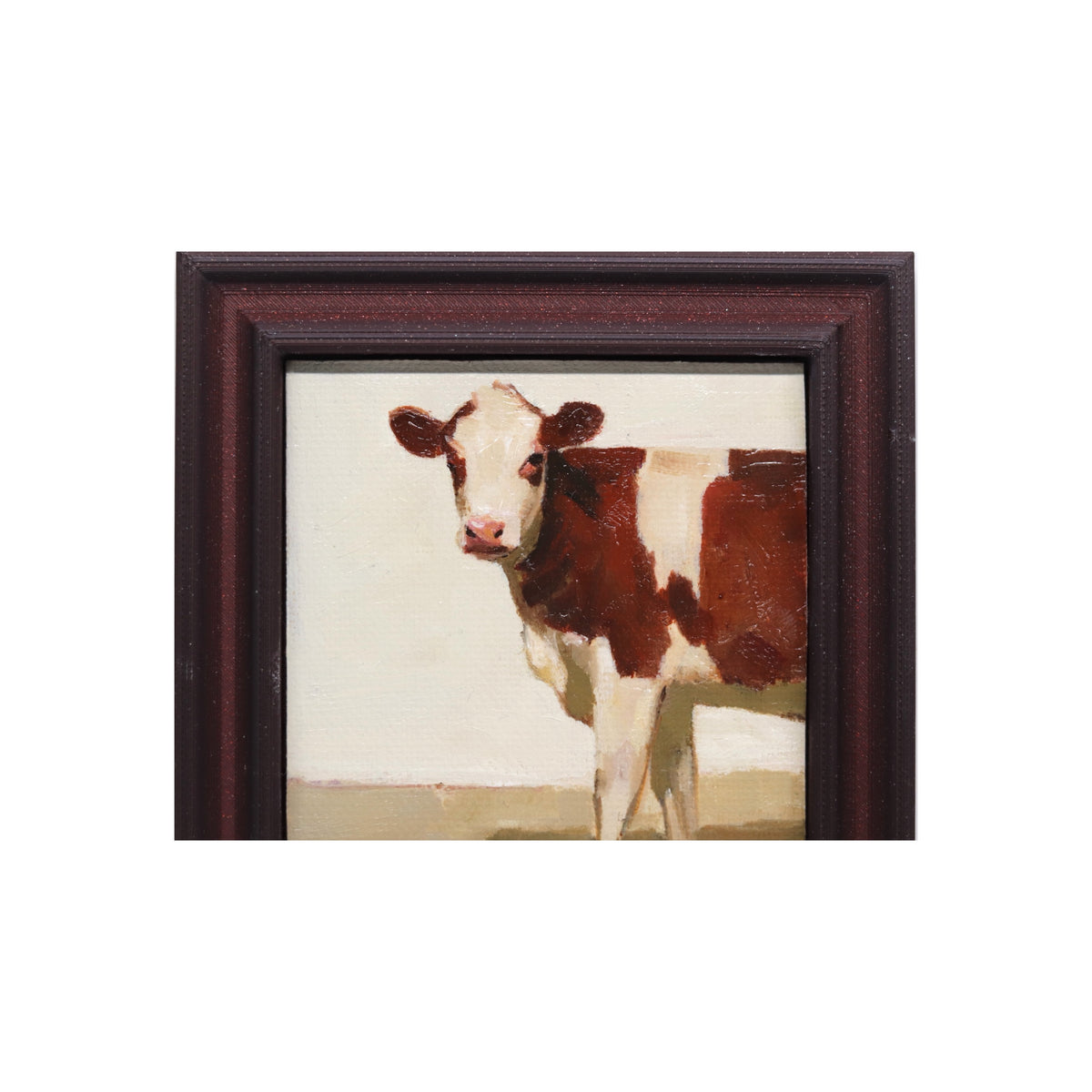 Brown and White Cow 33 | Miniature Original Oil Painting | 3”x3” Framed Art